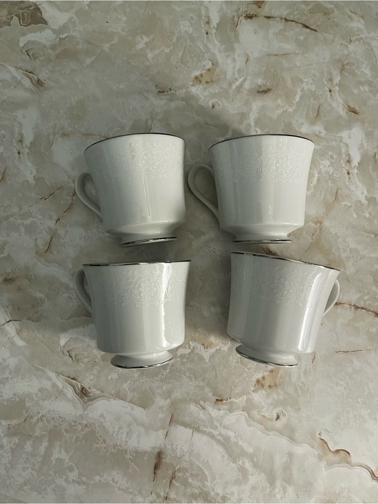 Other - 4 Classic White Porcelain Teacup Set with Silver Trim